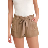 Cali1850 Womens Solid Paperbag Ruffle Waist Short in brown and Small
