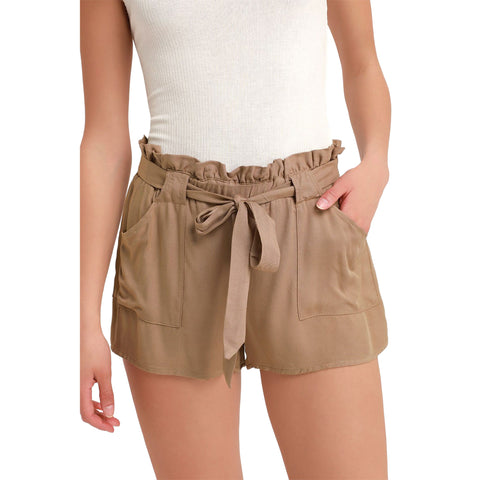 Cali1850 Womens Solid Paperbag Ruffle Waist Short in brown and Small