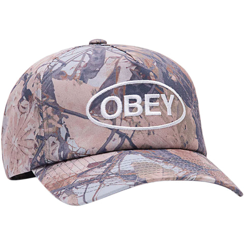 Obey Oval 5 Panel Strapback Hats in fence camo