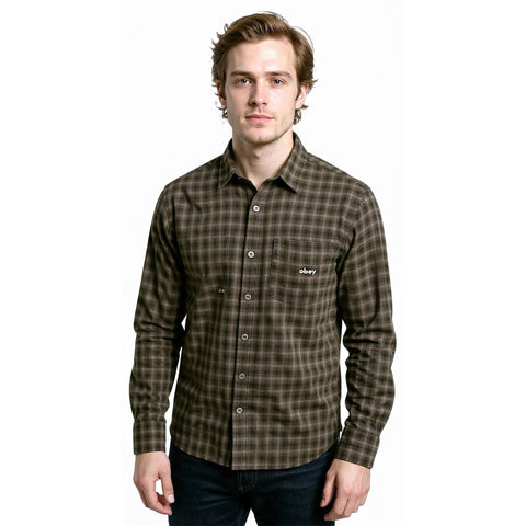 Obey Mens Clarence Woven  Shirts in kombu green
