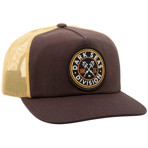 Dark Seas Mens Nav Trucker Hats in brown/gold