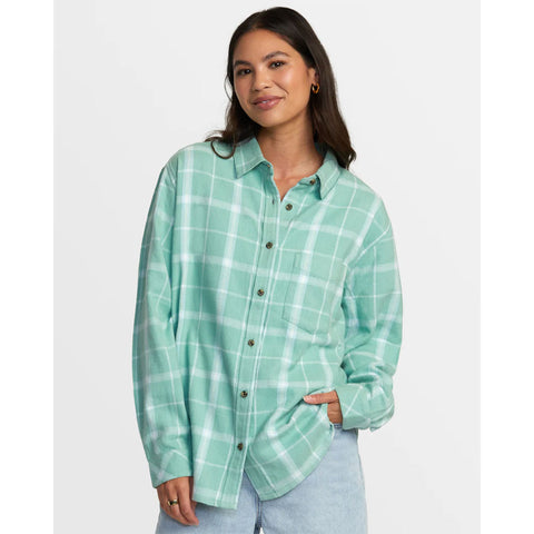 RVCA Womens Mable Flannel Tops in green haze