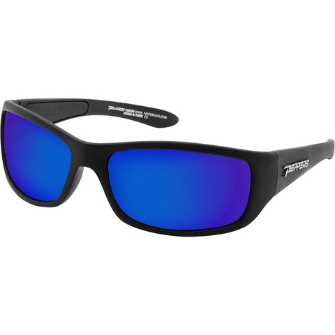 Peppers Cutthroat Polarized Floating Sunglasses in matte black and Blue mirror polarized