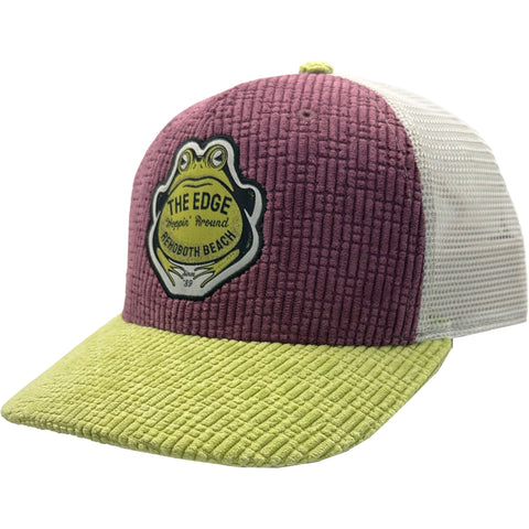 Edge Frog Trucker Snapback Hat in purple/lime/white