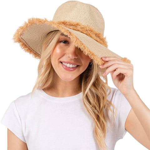 CC Womens Frayed Band Straw Hats in beige